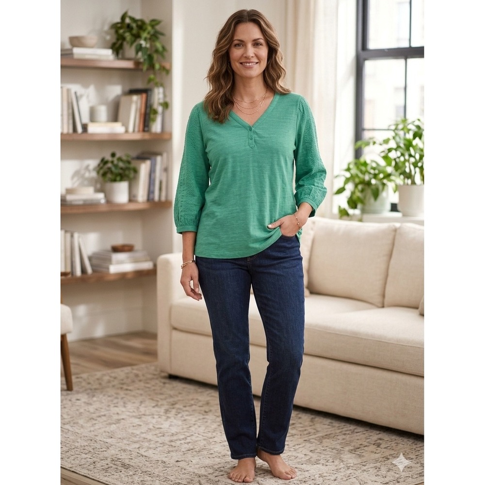 Chico's Green Cotton Slub Knit Eyelet Puff Sleeve Henley Top Size 1 Medium